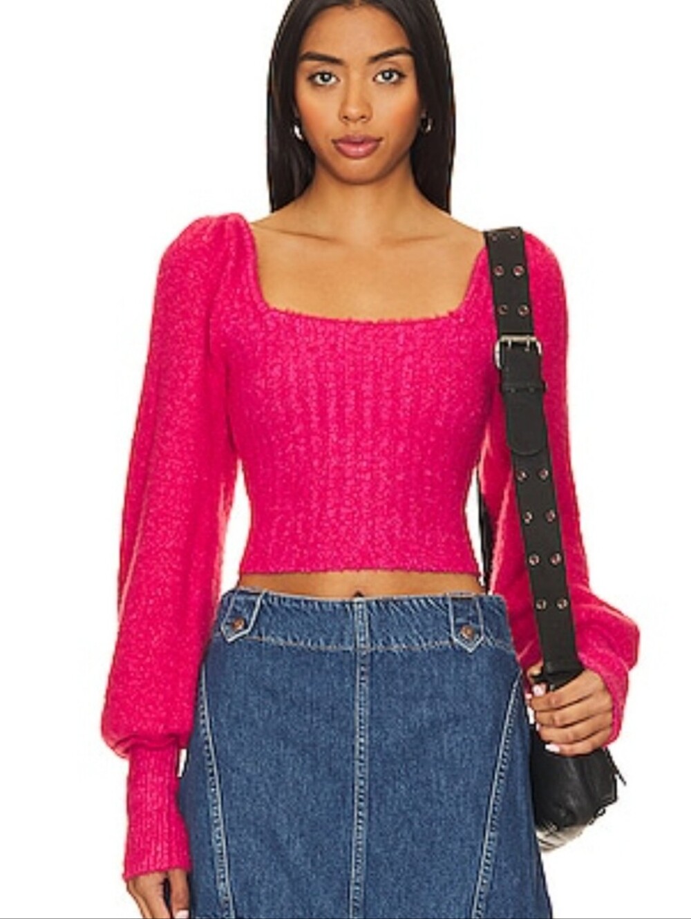 FREE PEOPLE Katie Pullover in Magenta Cherry ComboBalloon Sleeves Cropped M